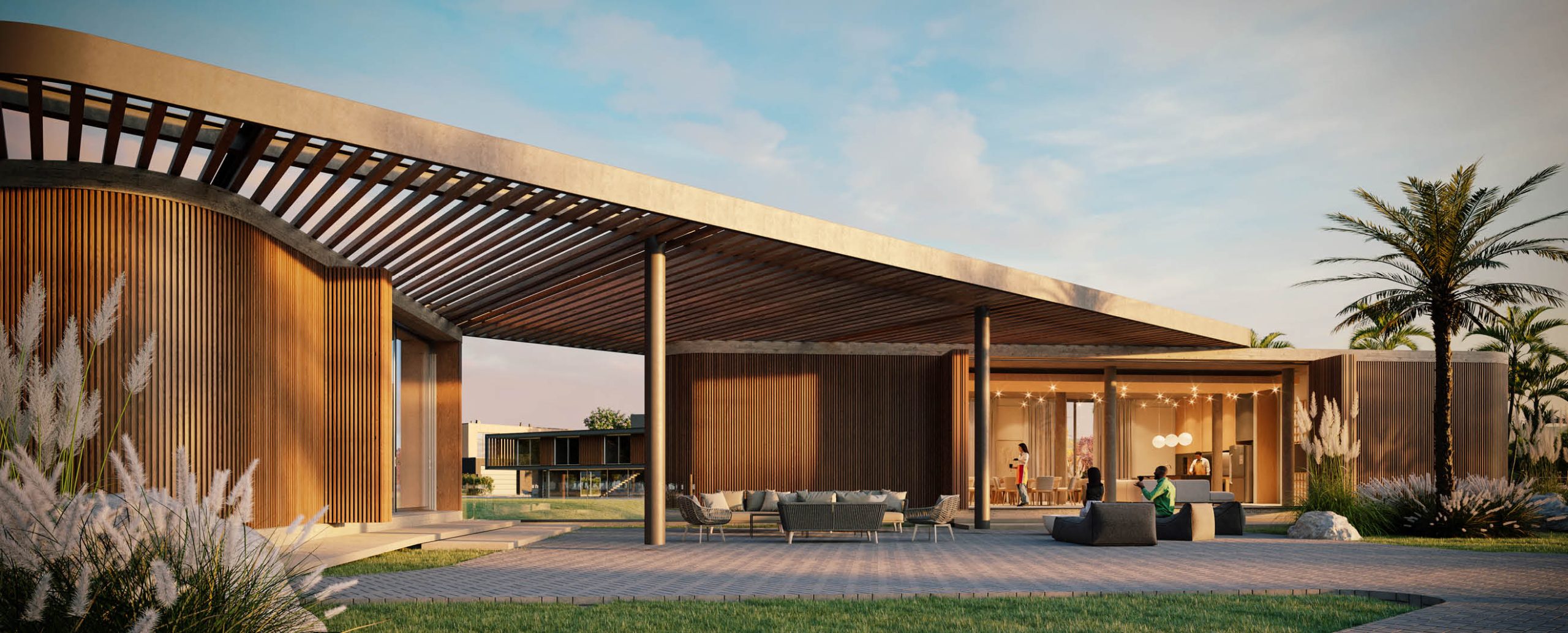 Imagem do salão de festas com lounge externo no condomínio Prime Beach Curumim, perfeito para comemorações memoráveis.