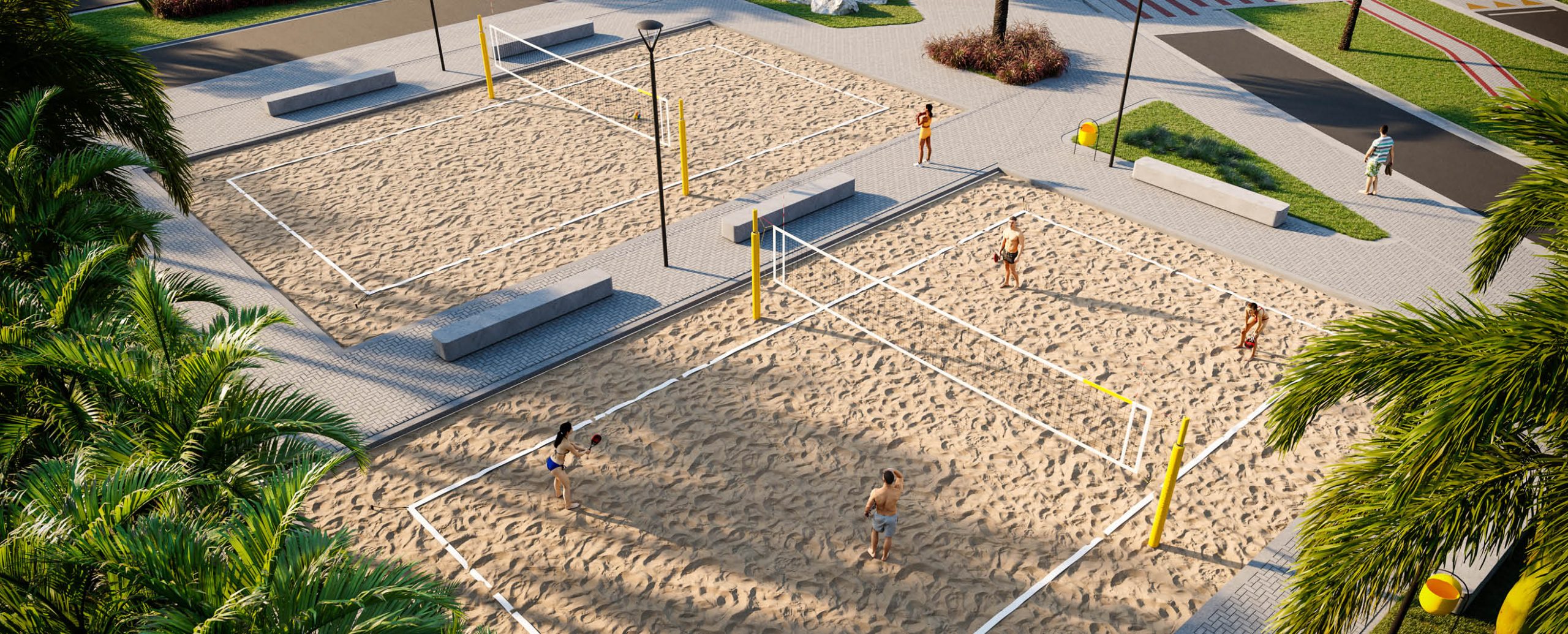 Imagem das quadras de beach tennis no condomínio Prime Beach Curumim, um esporte divertido e desafiador.