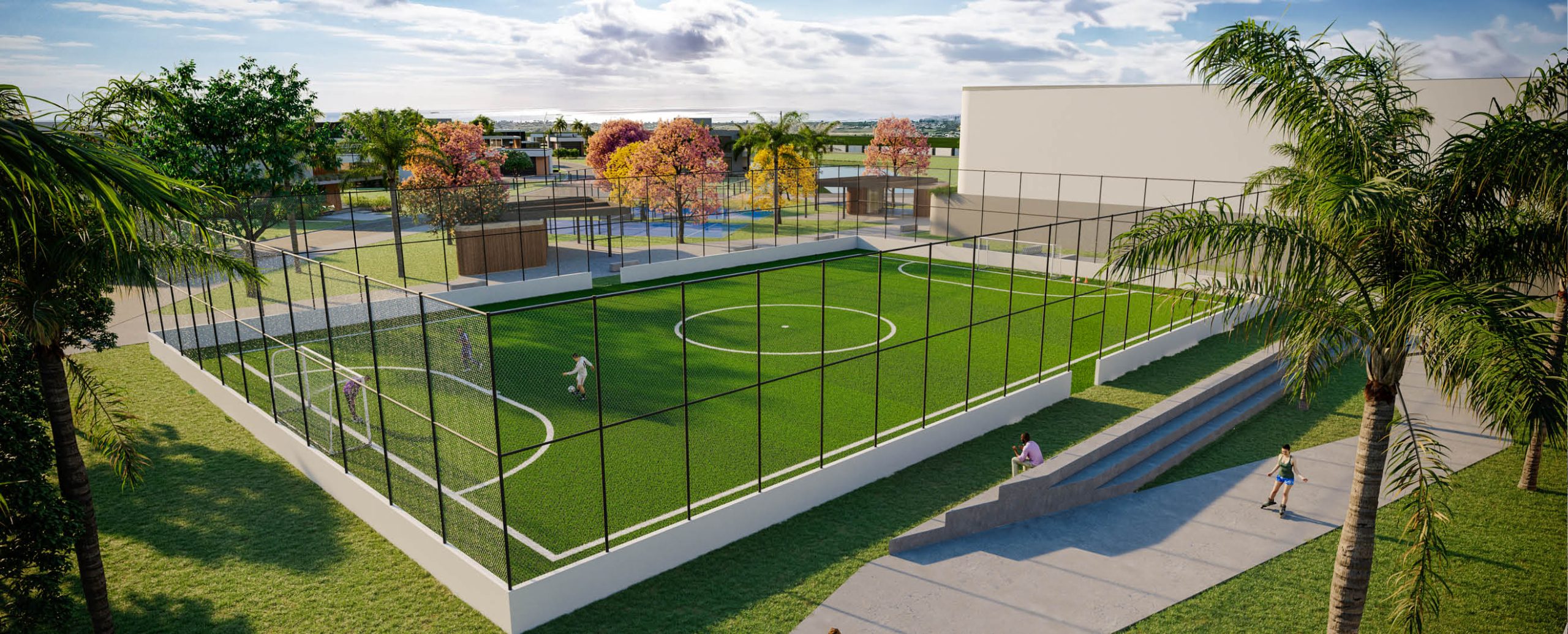 Imagem da quadra de futebol no condomínio Prime Beach Curumim, um local para jogos amigáveis e competições emocionantes.