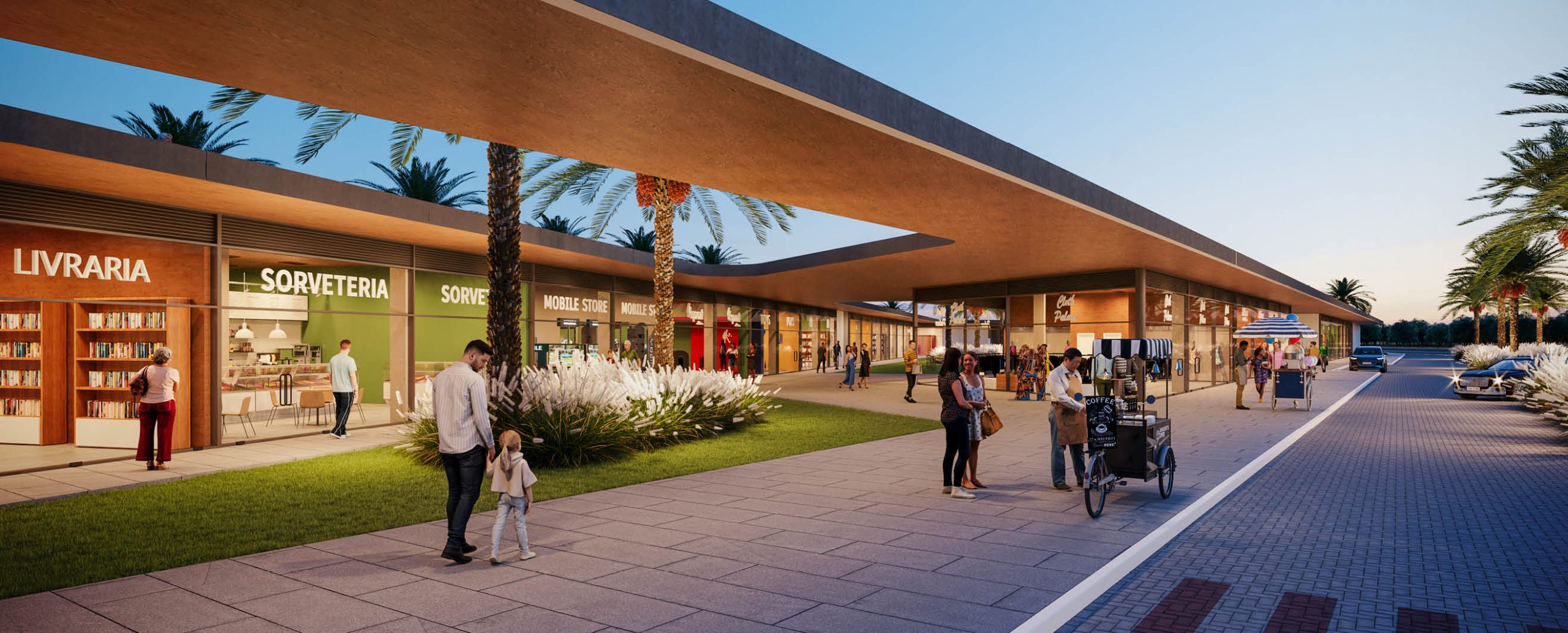 Open Mall no condomínio Prime Beach Curumim, um espaço de compras ao ar livre com uma variedade de lojas.